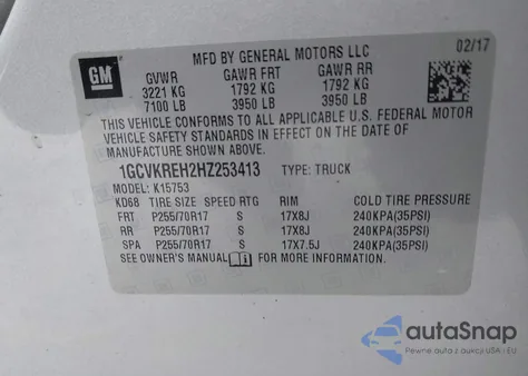 2017 Chevrolet Silverado 1500 1Lt from USA, damaged, VIN 1GCVKREH2HZ253413